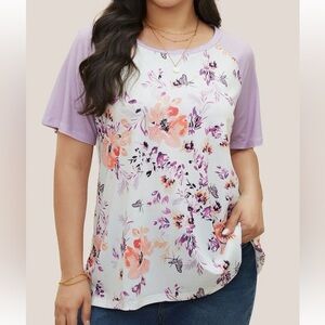 Bloomchic Plus Size 2XL Floral & Butterfly Print Raglan Sleeve T-Shirt - Lilac
